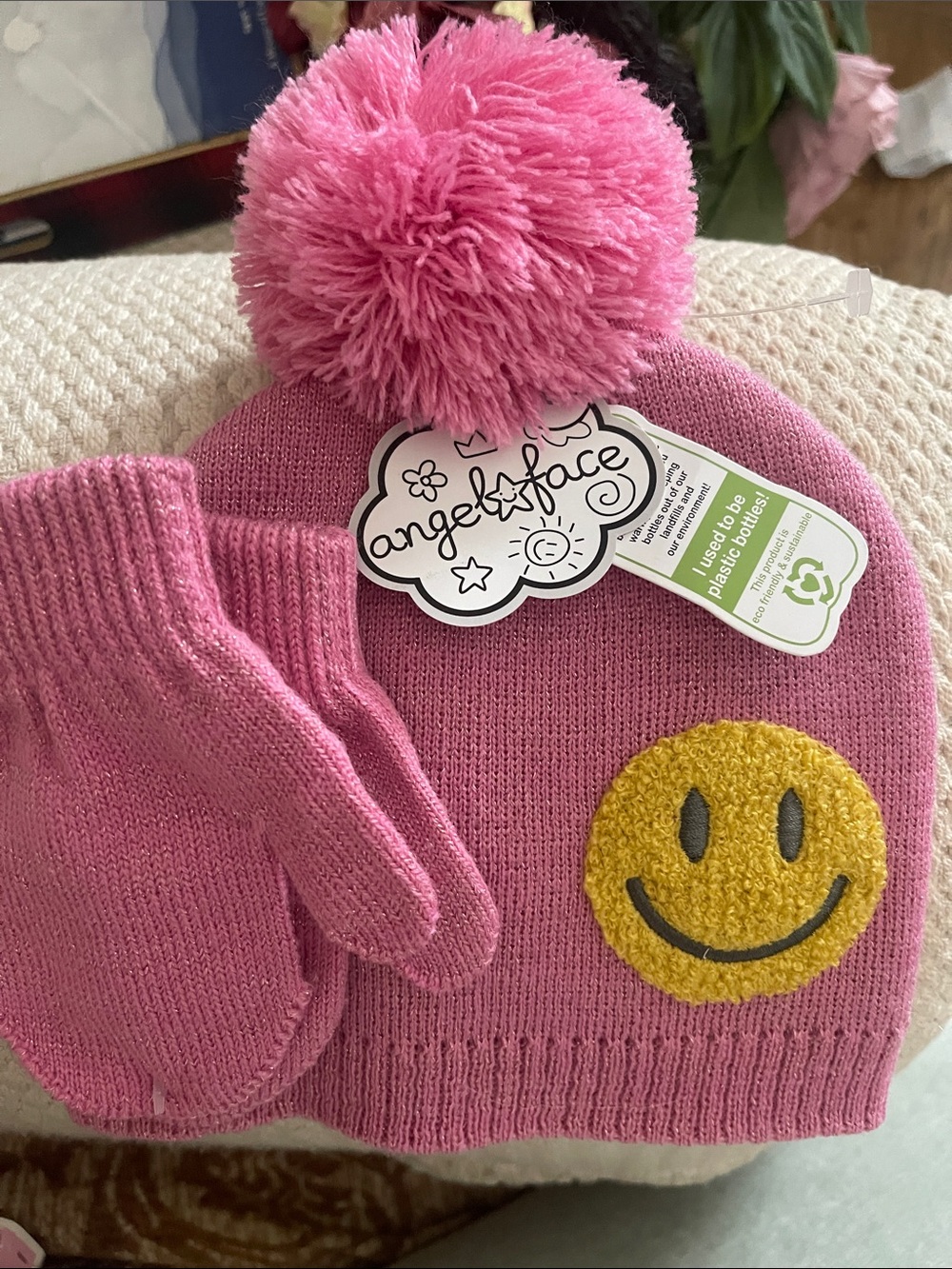 Pink Pom Beanie and Mittens Set with Yellow Smile Patch